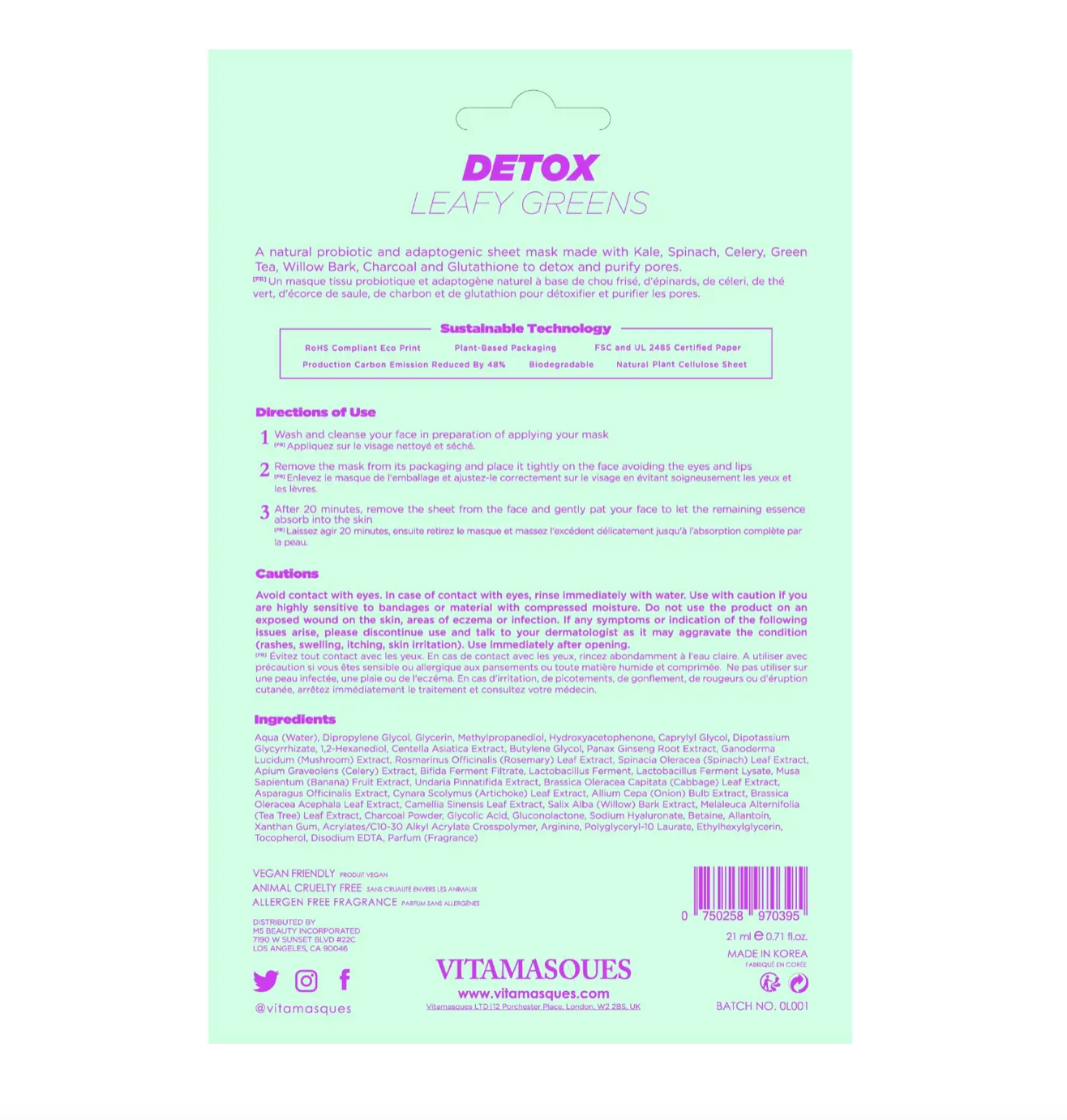Vitamasques Detox Leafy Greens Biodegradable Sheet Mask