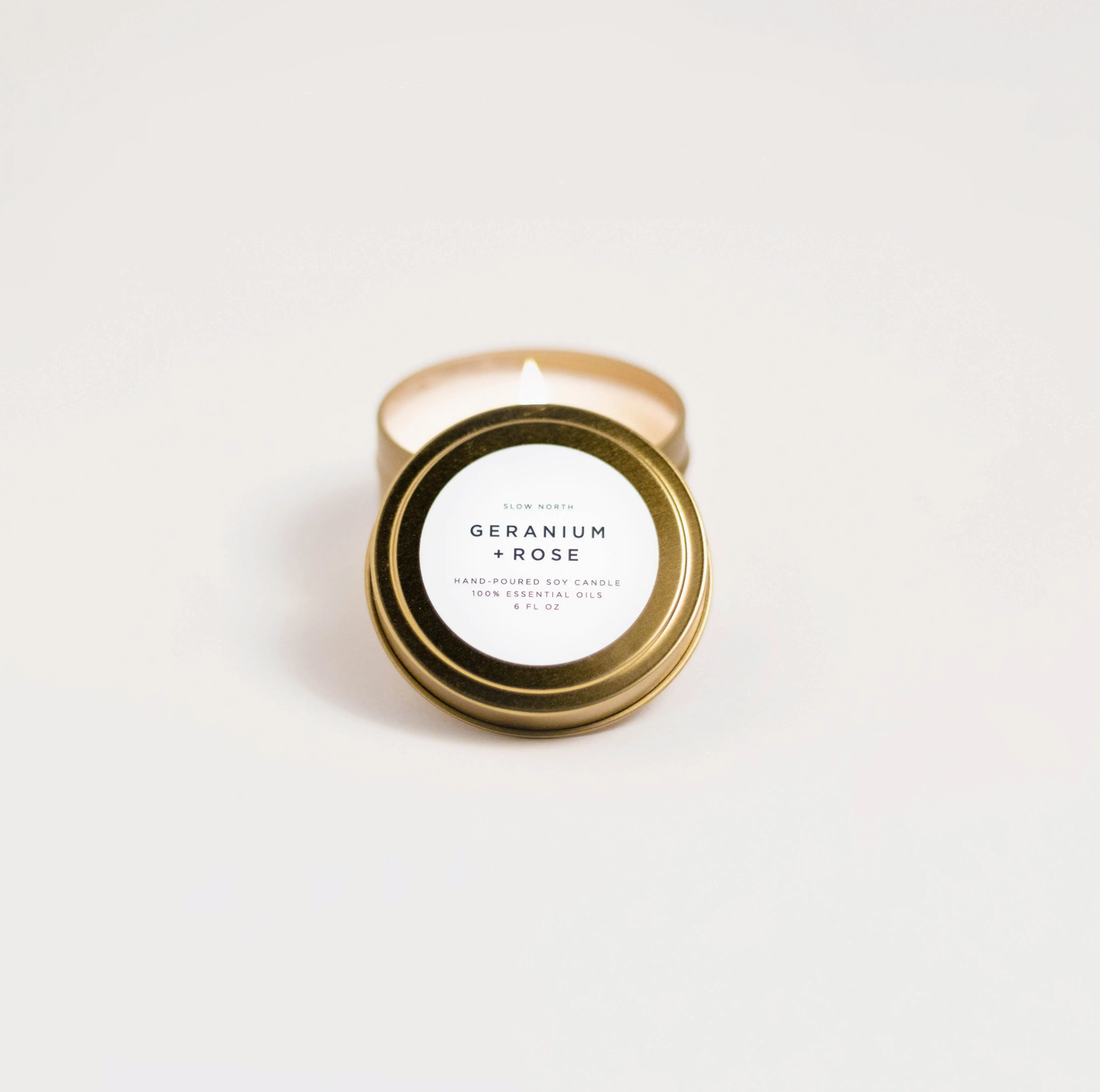 Slow North Gold Tin Candle Geranium + Rose